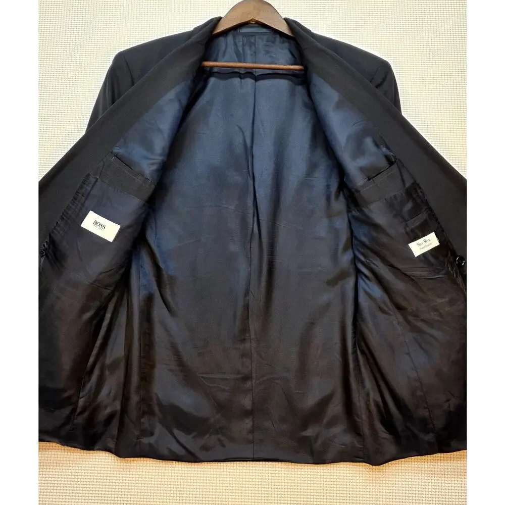 VTG Hugo Boss Double Breasted Blazer Germany Silk Wool Charcoal Grey Jacket 38R